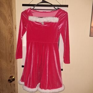 Pink Velvet Girl's Dress Trimmed With White Fur.